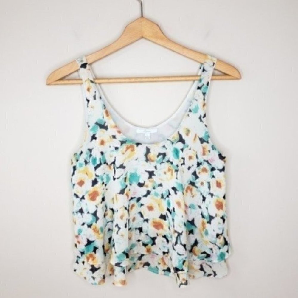 Soprano Layered Look Cropped Floral Tank Blouse Size Small Green Yellow White